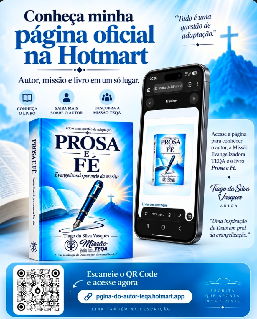 Arte oficial de divulgação da página oficial de Tiago da Silva Vasques na Hotmart, reunindo autor, Missão TEQA e o livro Prosa e Fé